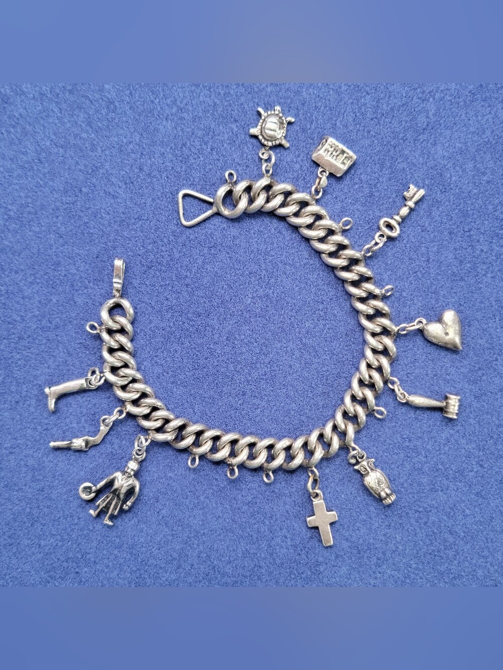 Antique Coin Silver Heavy Curb Link Charm Bracelet Size 7.25